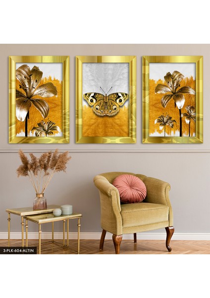 Kelebek Çiçek 3 Parça Gold Pleksi Aynalı Tablo