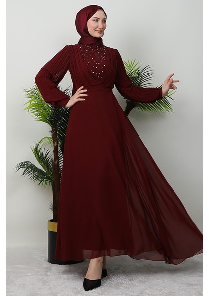 Damla Şifon Elbise Bordo