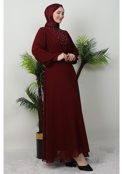 Damla Şifon Elbise Bordo