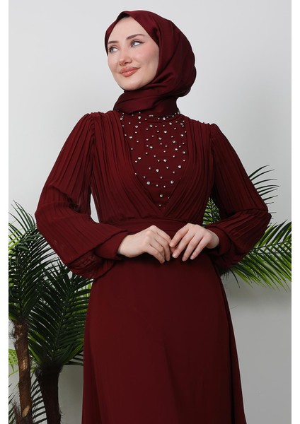 Damla Şifon Elbise Bordo
