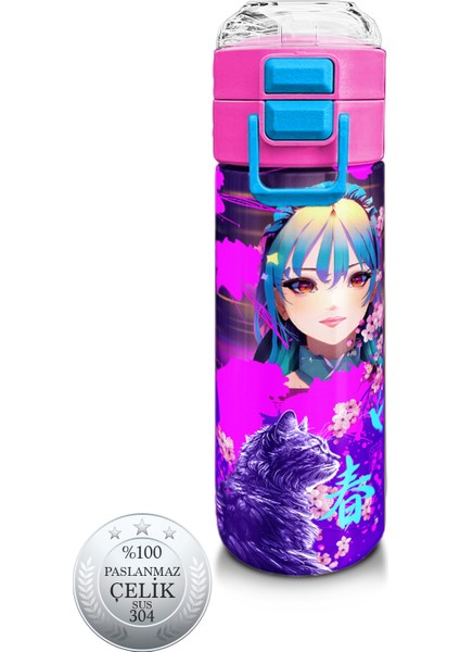 Kidsmor Pembe Anime Kedi Desenli Pipetli ve Direkt Içim Çelik Termos 500 ml 31954