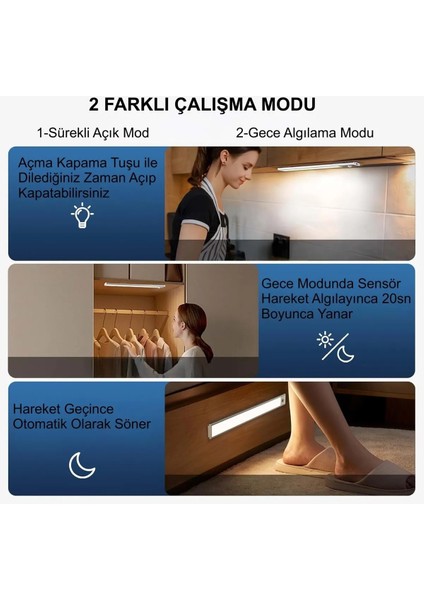 Alüminyum Sensörlü USB Şarjlı 40CM LED Gece Lambası 3 Renk Kısılabilir Mutfak Dolap Tezgah