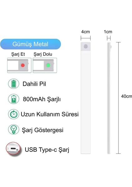 Alüminyum Sensörlü USB Şarjlı 40CM LED Gece Lambası 3 Renk Kısılabilir Mutfak Dolap Tezgah