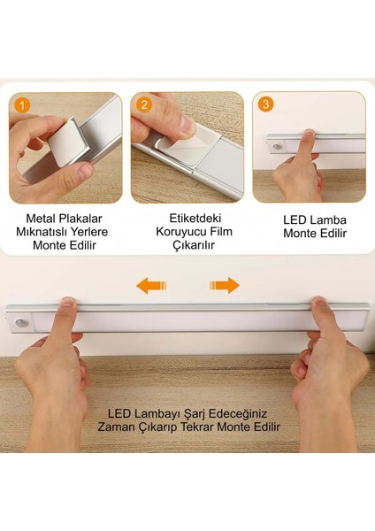 Alüminyum Sensörlü USB Şarjlı 40CM LED Gece Lambası 3 Renk Kısılabilir Mutfak Dolap Tezgah