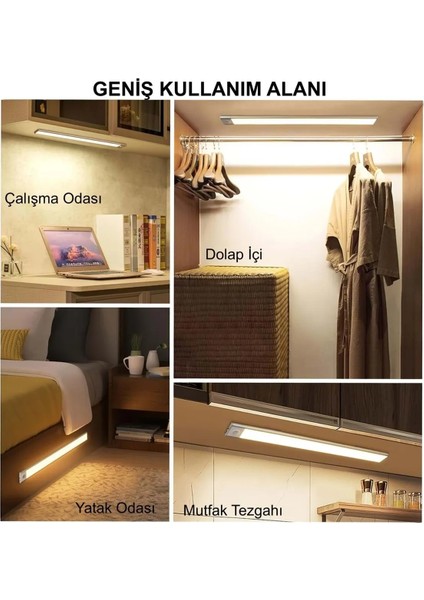 Alüminyum Sensörlü USB Şarjlı 40CM LED Gece Lambası 3 Renk Kısılabilir Mutfak Dolap Tezgah