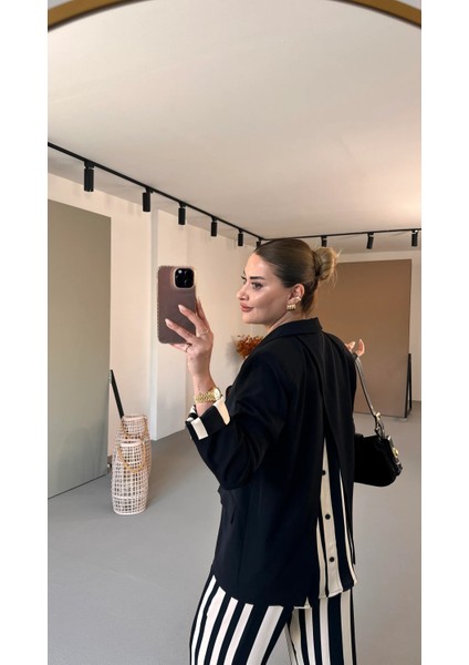 Bebe Plus Kadın Sırtta ve Manşette Çizgili Kumaş Detaylı Krep Klasik Ceket