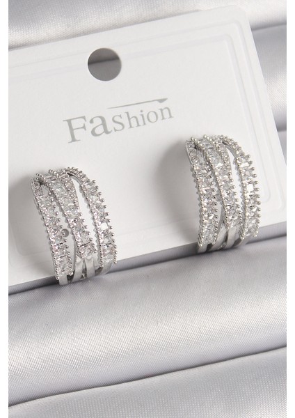 Pirinç Gümüş Renk Zirkon Taşlı Halka Model Kadın Küpe