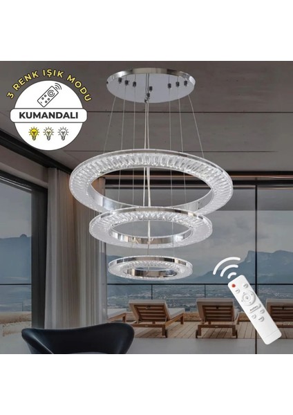 Modern Marta Krom 3'lü Lüks Uzaktan Kumandalı Dimmerli 3 Renk Ledli Avize Salon Avizesi