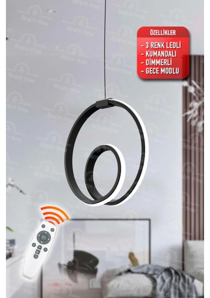 Modern Bianca Siyah Kumandalı 3 Renk Ledli Dimmerli Modern Ledli Avize