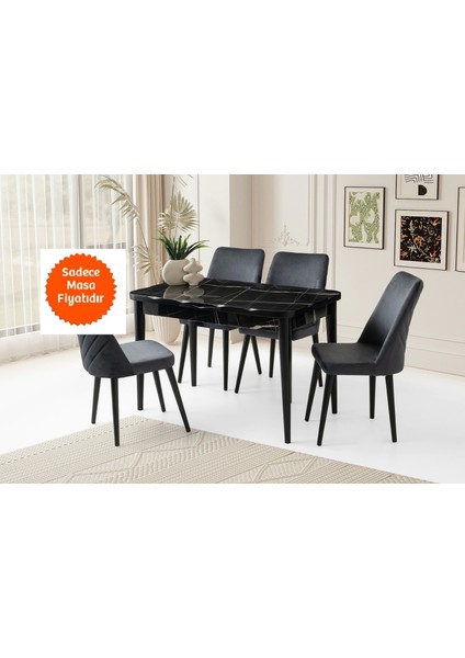 Kelebek Kütük Ortadan Açılır Büyüyen Parlak Ahşap Yemek Masası Siyah Mermer Desenli 80 x 130 cm Sadece Masa Fiyatıdır