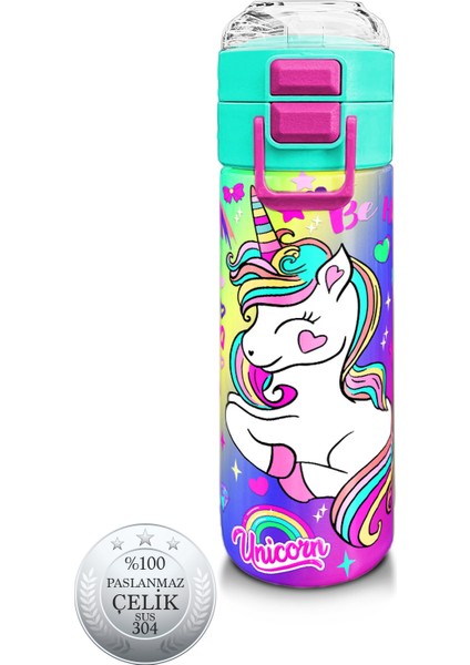 Kids Lavanta Su Yeşili Unicorn Desenli Pipetli ve Direkt Içim Çelik Termos 500 ml 31937