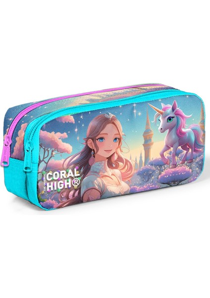 Kids Turkuaz Pembe Anime Kız Desenli Iki Bölmeli Kalem Çantası 12094