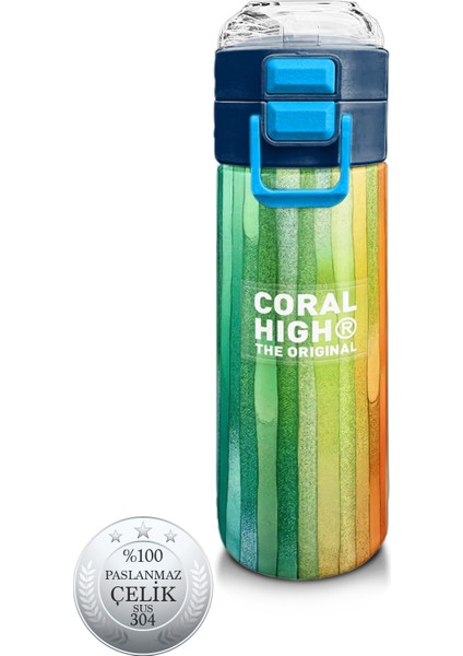 Kids Lacivert Renkli Çizgili Desenli Pipetli ve Direkt Içim Çelik Termos 500 ml 31890