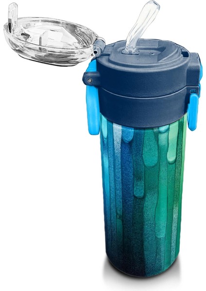 Kids Lacivert Renkli Çizgili Desenli Pipetli ve Direkt Içim Çelik Termos 500 ml 31890 indirimleri