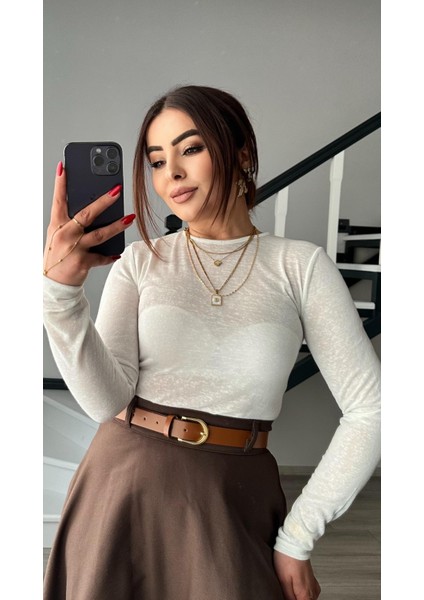 Ekru Sıfır Yaka Yarı Transparan Bluz