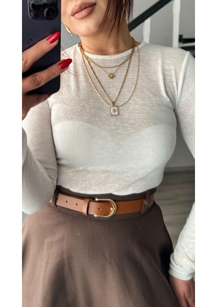 Ekru Sıfır Yaka Yarı Transparan Bluz