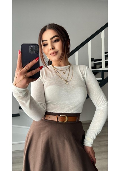 Ekru Sıfır Yaka Yarı Transparan Bluz