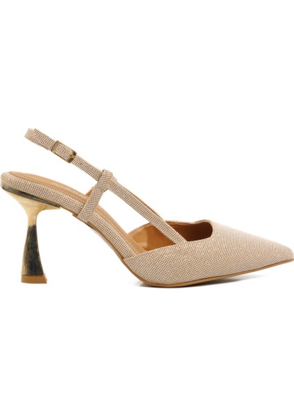 Bej Ince Topuk Simli Kadın Topuklu Ayakkabı modelleri