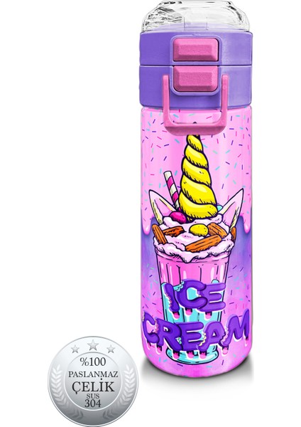 Kids Pembe Mor Milkshake Dondurma Desenli Pipetli ve Direkt Içim Çelik Termos 500 ml 31950