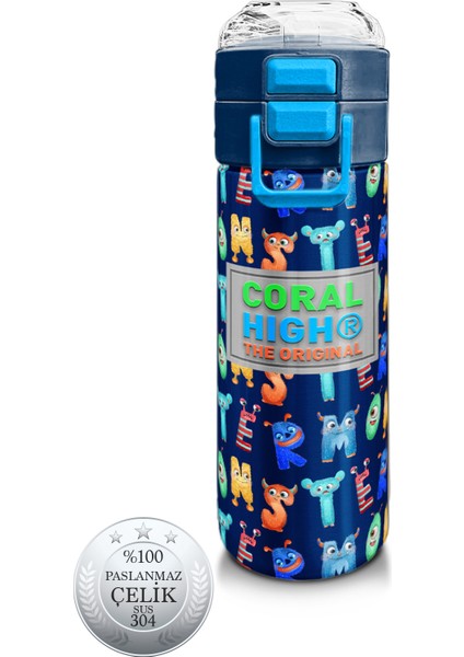 Kids Lacivert Neon Sarı Desenli Pipetli ve Direkt Içim Çelik Termos 500 ml 31935