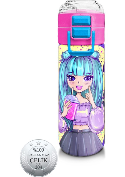 Kids Mor Pembe Anime Kız Desenli Pipetli ve Direkt Içim Çelik Termos 500 ml 31942