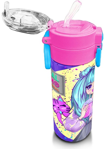 Kids Mor Pembe Anime Kız Desenli Pipetli ve Direkt Içim Çelik Termos 500 ml 31942 indirimleri