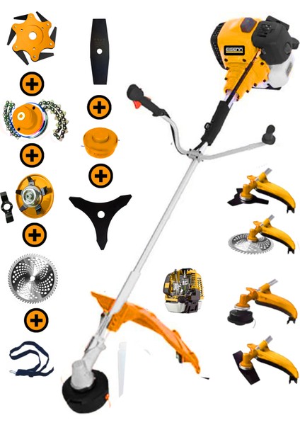 Alman TURBO-9000 Full Set 8 In 1 Yan Tipi Benzinli Motorlu Ot Çalı Tırpanı Çim Biçme Makinesi