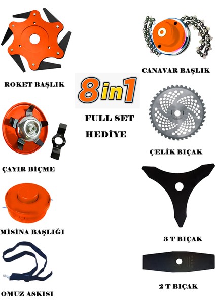 Alman TURBO-9000 Full Set 8 In 1 Yan Tipi Benzinli Motorlu Ot Çalı Tırpanı Çim Biçme Makinesi