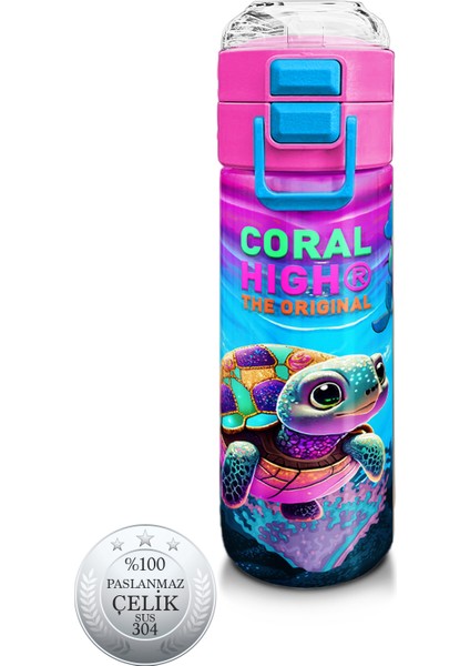 Kids Pembe Mor Kaplumbağa Desenli Pipetli ve Direkt Içim Çelik Termos 500 ml 31957