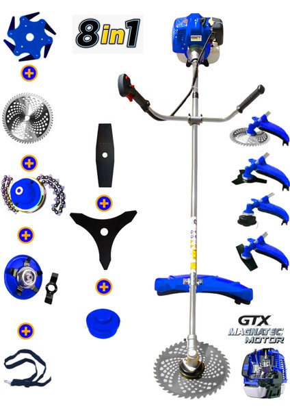 Germany MULTI-9900 Yan Tırpan 8 In 1 Full Set Hediye Benzinli Motorlu Ot Çalı Çim Biçme Makinesi