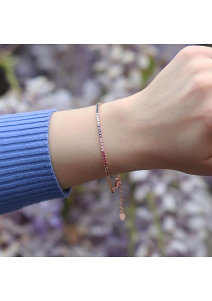 Renkli Zirkon Taşlı Rose Gold Kaplama Su Yolu Gümüş Bileklik