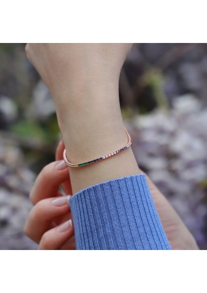 Renkli Zirkon Taşlı Rose Gold Kaplama Su Yolu Gümüş Bileklik fiyatları