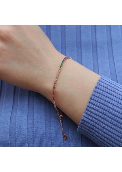 Renkli Zirkon Taşlı Rose Gold Kaplama Su Yolu Gümüş Bileklik modelleri