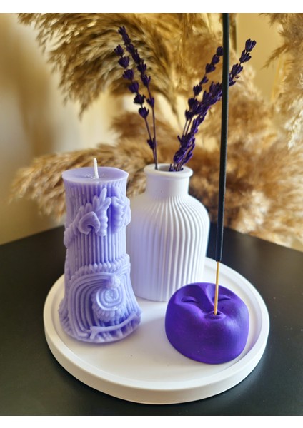 Mor Sütun Mum ve Vazolu Set (16 cm Tepsi + Mum + Tütsülük, Tütsü Dahil 5 Parça Set)
