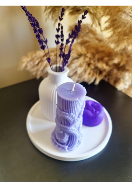 Mor Sütun Mum ve Vazolu Set (16 cm Tepsi + Mum + Tütsülük, Tütsü Dahil 5 Parça Set)