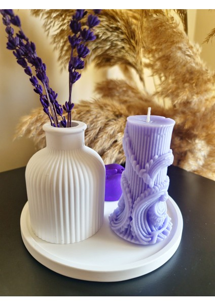 Mor Sütun Mum ve Vazolu Set (16 cm Tepsi + Mum + Tütsülük, Tütsü Dahil 5 Parça Set)