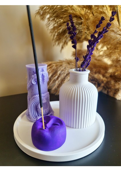 Mor Sütun Mum ve Vazolu Set (16 cm Tepsi + Mum + Tütsülük, Tütsü Dahil 5 Parça Set)