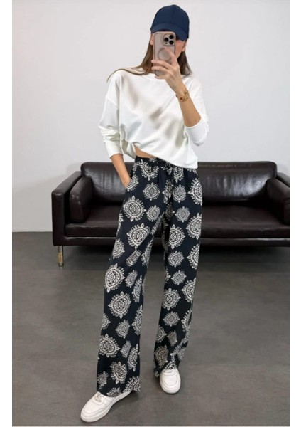 Bebe Plus Kadın Beli Lastikli Desenli Bol Rahat Pantolon