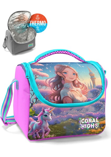 Kids Turkuaz Pembe Anime Kız Desenli Thermo Beslenme Çantası 12781