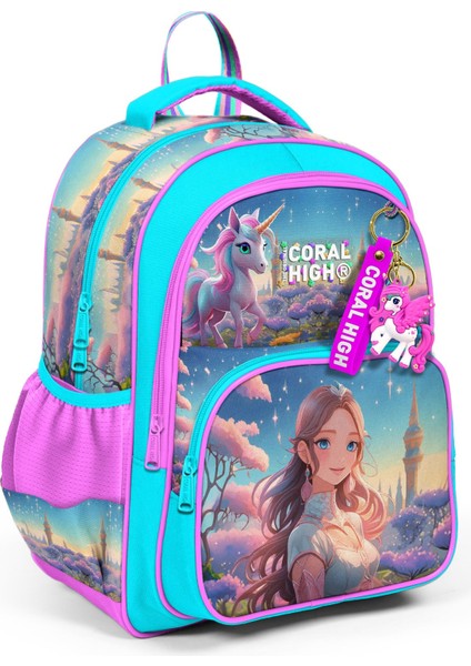 Kids Turkuaz Pembe Anime Kız Desenli Üç Bölmeli Okul Sırt Çantası 14420
