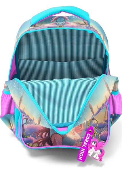 Kids Turkuaz Pembe Anime Kız Desenli Üç Bölmeli Okul Sırt Çantası 14420 modelleri