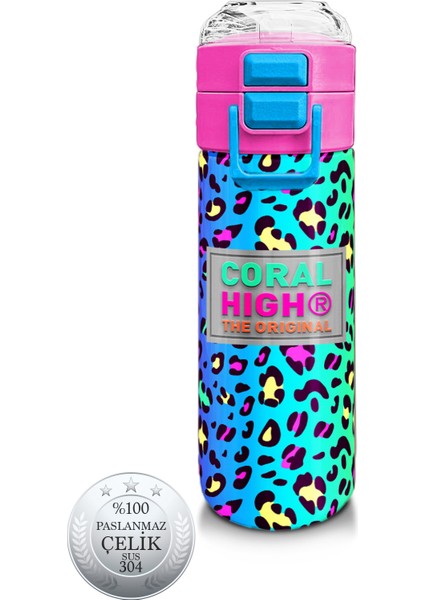 Kids Renkli Leopar Desenli Pipetli ve Direk Içimli Paslanmaz Çelik Termos 500 ml 31985