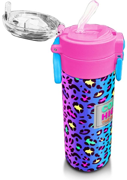 Kids Renkli Leopar Desenli Pipetli ve Direk Içimli Paslanmaz Çelik Termos 500 ml 31985 indirimleri