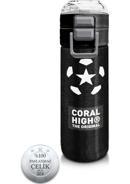 Kids Siyah Futbol Desenli Pipetli ve Direkt Içim Çelik Termos 500 ml 31898