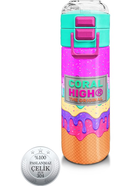 Kids Pembe Rengarenk Dondurma Desenli Pipetli ve Direkt Içim Çelik Termos 500 ml 31938