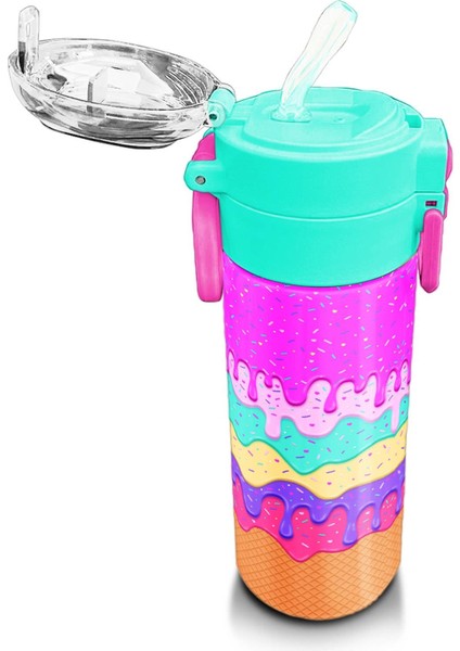 Kids Pembe Rengarenk Dondurma Desenli Pipetli ve Direkt Içim Çelik Termos 500 ml 31938 indirimleri