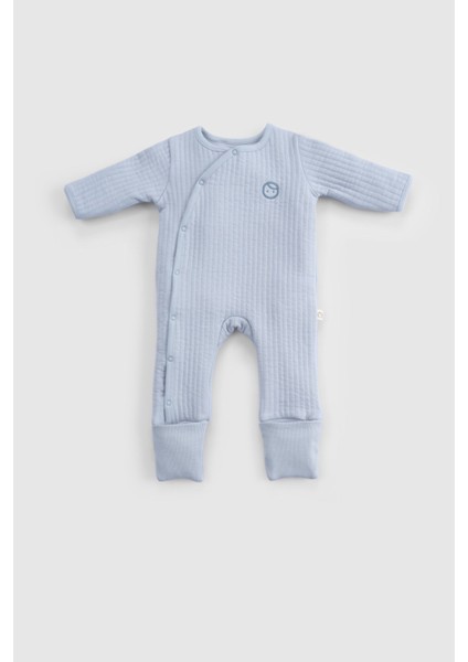 Kendinden Patikli ve Eldivenli Kapitone mavi Bebek tulumu