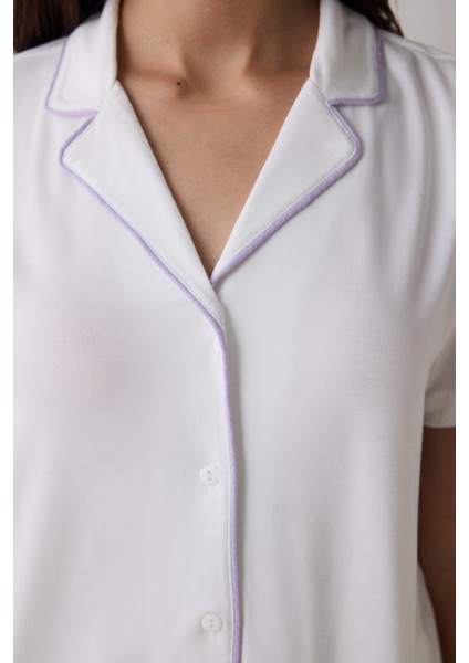 Lana Solid Gömlekli Kırık Beyaz Pijama Takımı