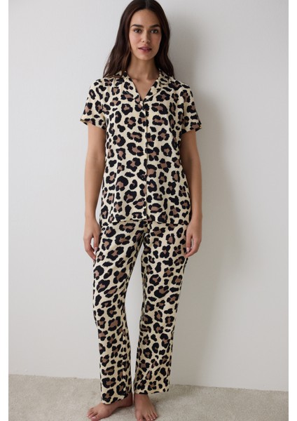 Leopar Chally Gömlek Pantolon Çok Renkli Pijama Takımı