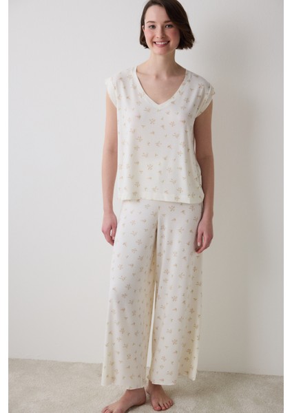 Bloom Printed Ekru Tişört Pijama Üstü